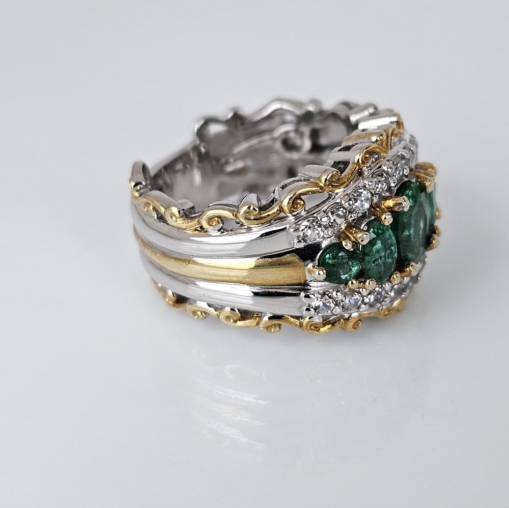 Gems En Vogue Emerald & Zircon Ring Palladium Sterling Silver & 24k Size 7! - Picture 4 of 8